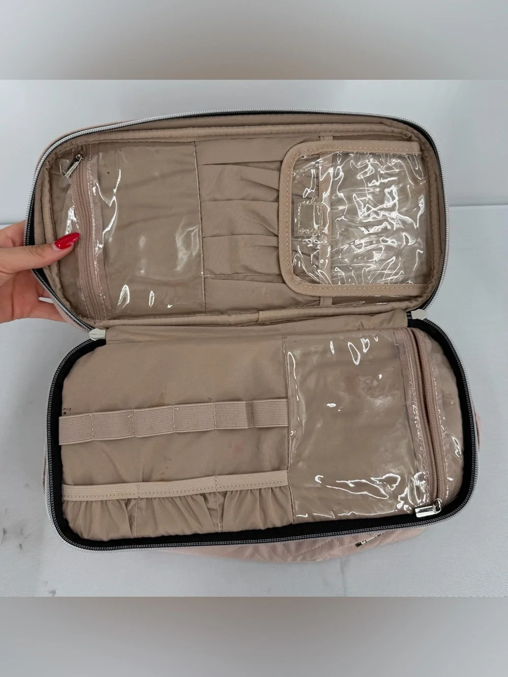 Pink quilted large makeup bag Travel Organizer Train Case Removable Dividers